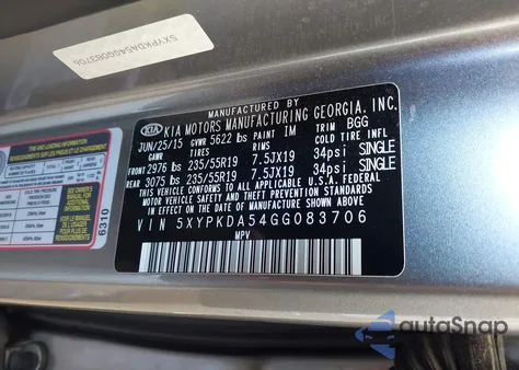 2016 Kia Sorento 3.3L Sx z USA, uszkodzony, nr VIN 5XYPKDA54GG083706